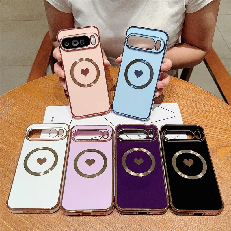 For Google Pixel 9 / 9 Pro Magnetic Case Electroplating Soft TPU Cover with Cute Love Heart - Ivory White