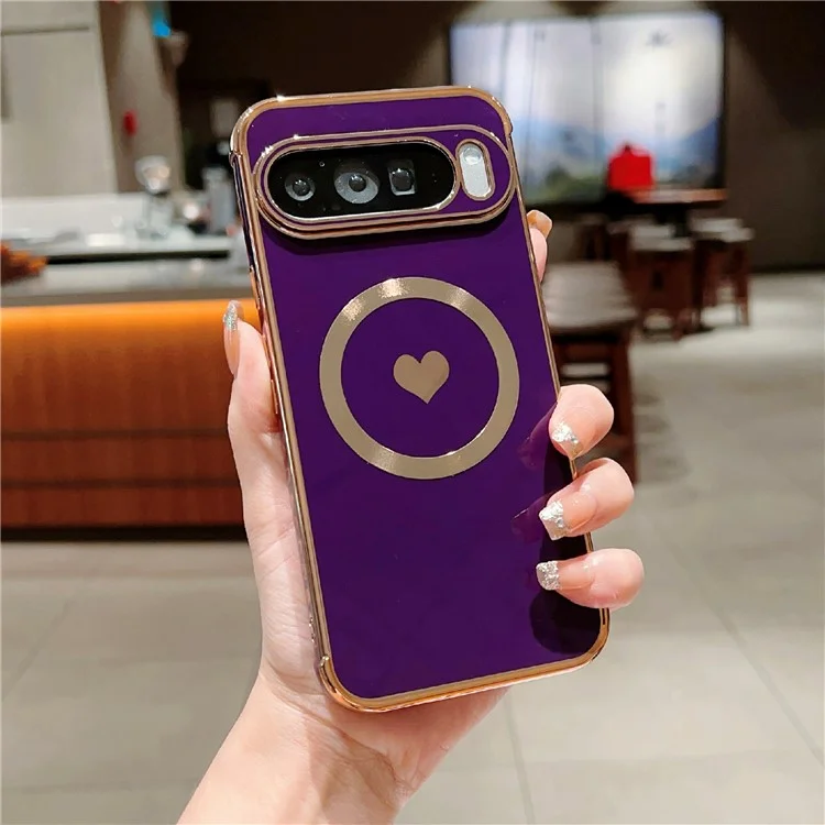 For Google Pixel 9 / 9 Pro Magnetic Case Electroplating Soft TPU Cover with Cute Love Heart - Dark Purple