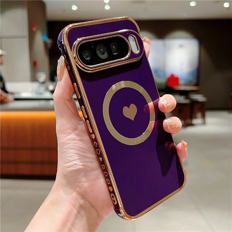 For Google Pixel 9 / 9 Pro Magnetic Case Electroplating Soft TPU Cover with Cute Love Heart - Dark Purple