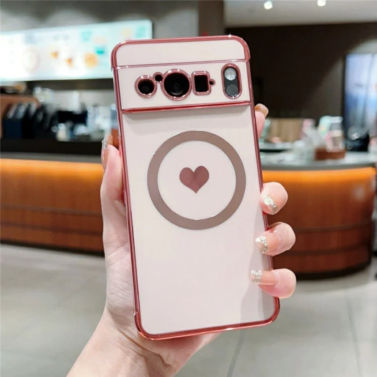 Étui magnétique pour Google Pixel 8 Pro, boîtier en TPU doux avec électroplacage et motif cœur mignon - Rose