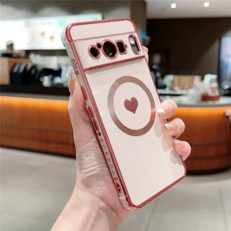Étui magnétique pour Google Pixel 8 Pro, boîtier en TPU doux avec électroplacage et motif cœur mignon - Rose