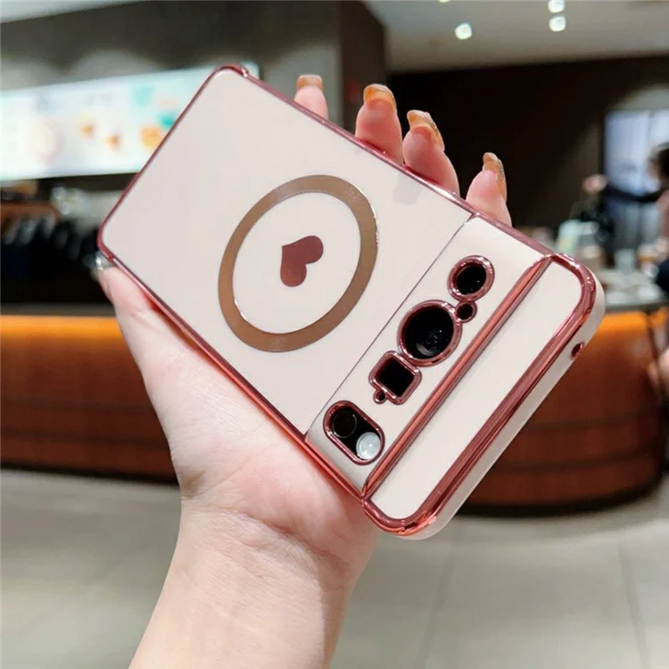 Étui magnétique pour Google Pixel 8 Pro, boîtier en TPU doux avec électroplacage et motif cœur mignon - Rose
