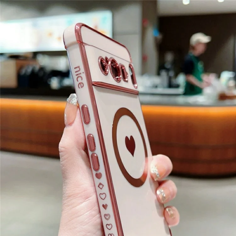 Étui magnétique pour Google Pixel 8 Pro, boîtier en TPU doux avec électroplacage et motif cœur mignon - Rose