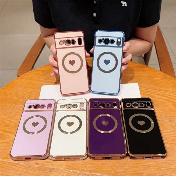 Étui magnétique pour Google Pixel 8 Pro, boîtier en TPU doux avec électroplacage et motif cœur mignon - Rose