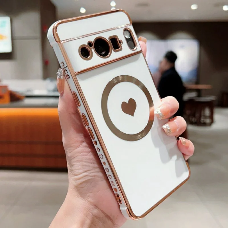 For Google Pixel 8 Pro Magnetic Case Electroplating Soft TPU Cover with Cute Love Heart - Ivory White