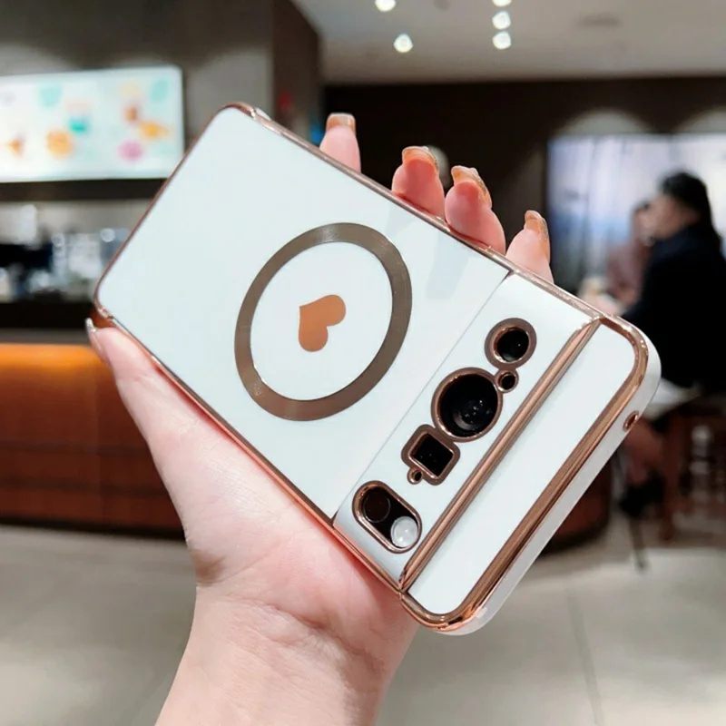 For Google Pixel 8 Pro Magnetic Case Electroplating Soft TPU Cover with Cute Love Heart - Ivory White