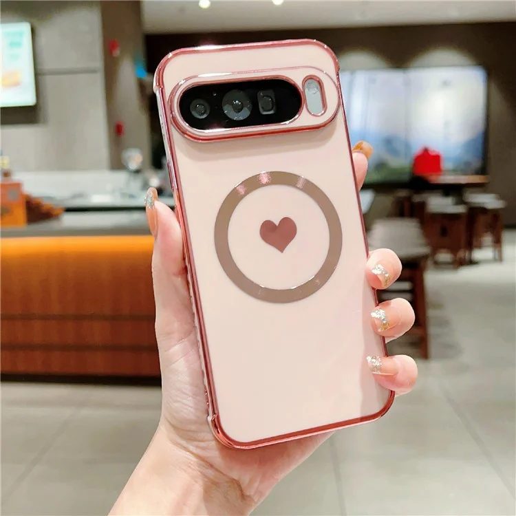 Funda magnética para Google Pixel 9 Pro XL, cubierta suave de TPU con electrochapado y corazón de amor lindo - Rosa pálido