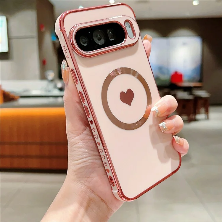 Funda magnética para Google Pixel 9 Pro XL, cubierta suave de TPU con electrochapado y corazón de amor lindo - Rosa pálido