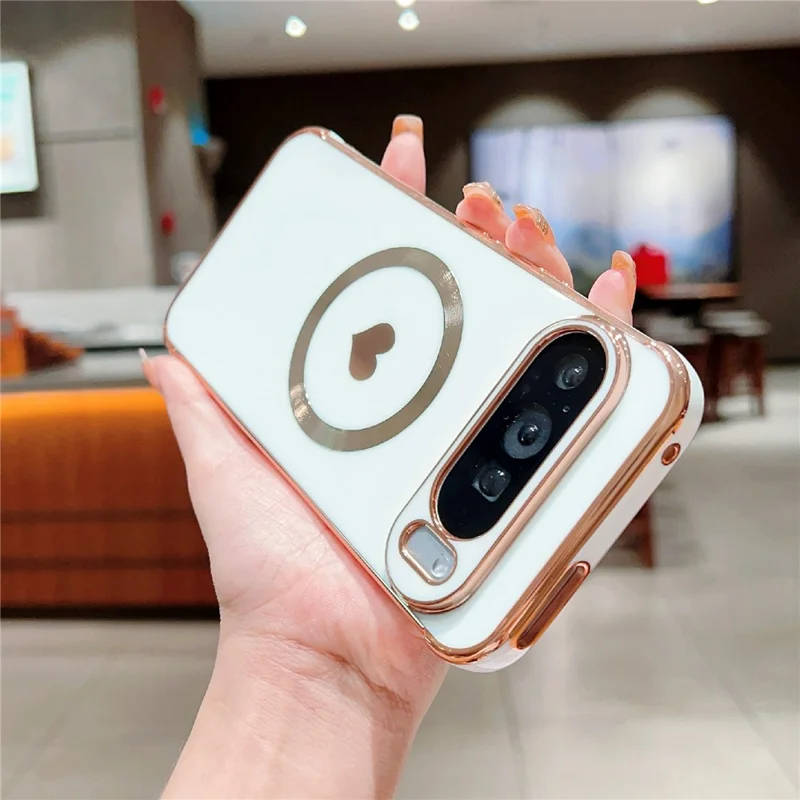 For Google Pixel 9 Pro XL Magnetic Case Electroplating Soft TPU Cover with Cute Love Heart - Ivory White