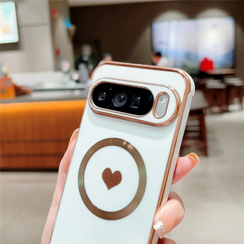 For Google Pixel 9 Pro XL Magnetic Case Electroplating Soft TPU Cover with Cute Love Heart - Ivory White