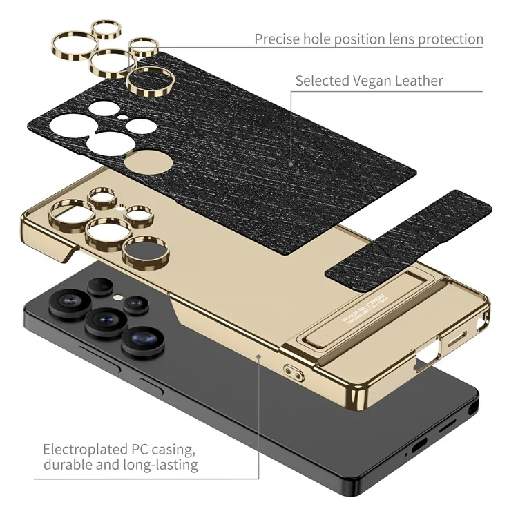 Coque GKK pour Samsung Galaxy S25 Ultra, coque de téléphone en PC électrolytique + PU avec support - Noir