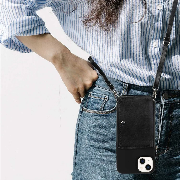 Корпус TPU с Кик-стрижкой Для Iphone 14, PU Leather Wallet Phone Phone с Плечевым Ремнем - Черный