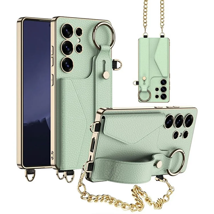GKK For Samsung Galaxy S25 Ultra Case Electroplated TPU+PC+PU Phone Cover with Kickstand Card Holder Strap - Matcha Green