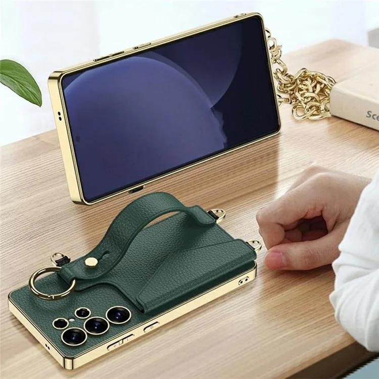 GKK For Samsung Galaxy S25 Ultra Case Electroplated TPU+PC+PU Phone Cover with Kickstand Card Holder Strap - Matcha Green