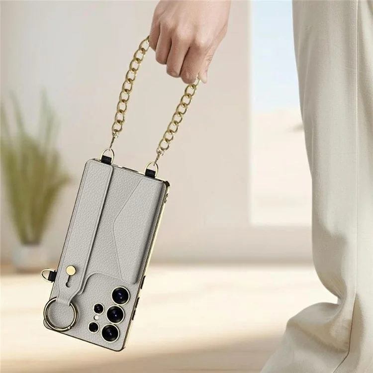 GKK For Samsung Galaxy S25 Ultra Case Electroplated TPU+PC+PU Phone Cover with Kickstand Card Holder Strap - Matcha Green