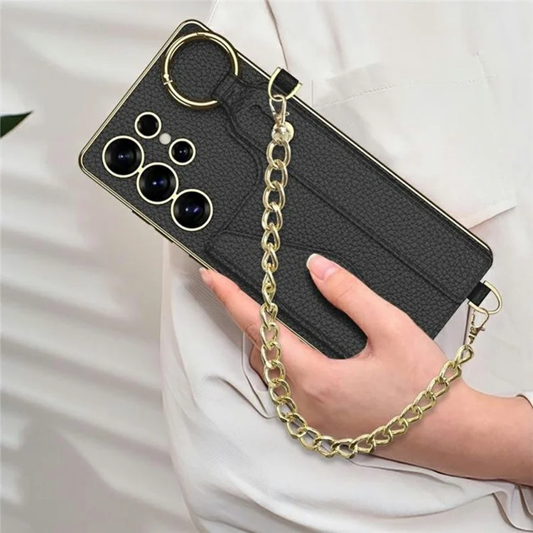 GKK For Samsung Galaxy S25 Ultra Case Electroplated TPU+PC+PU Phone Cover with Kickstand Card Holder Strap - Matcha Green
