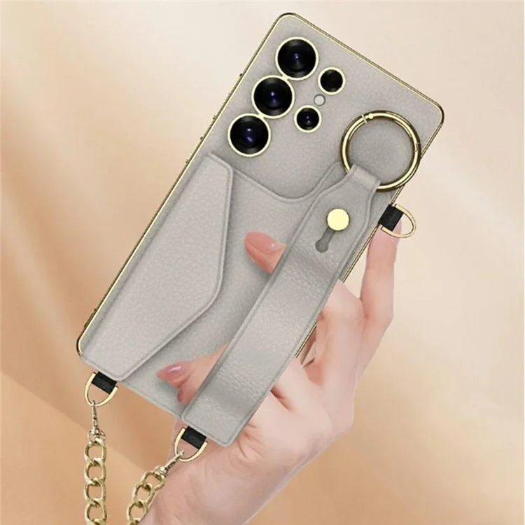 GKK For Samsung Galaxy S25 Ultra Case Electroplated TPU+PC+PU Phone Cover with Kickstand Card Holder Strap - Matcha Green