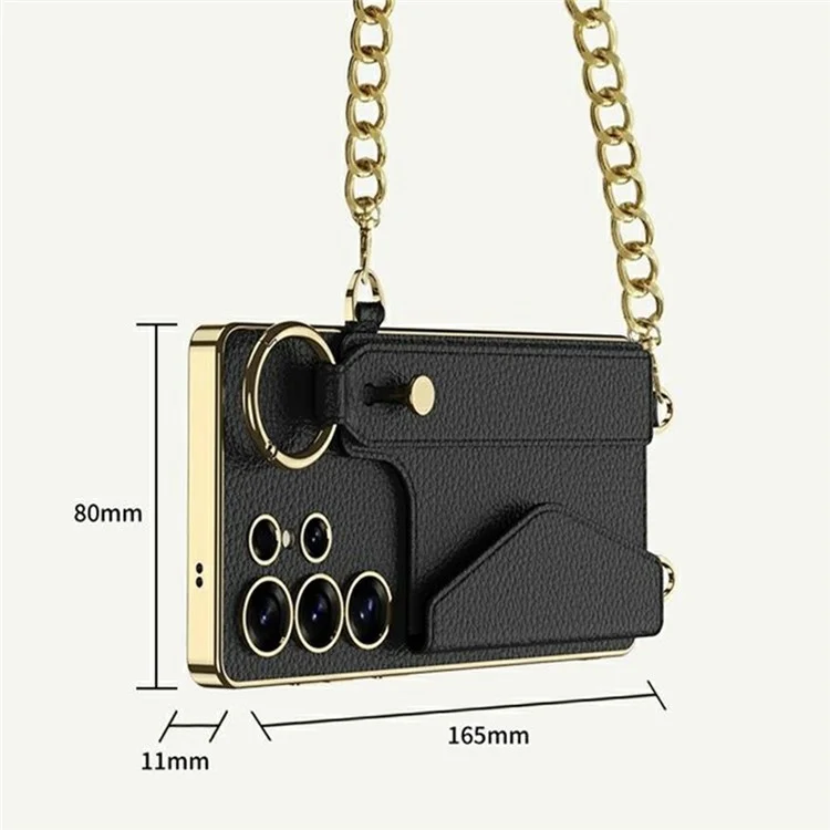 GKK For Samsung Galaxy S25 Ultra Case Electroplated TPU+PC+PU Phone Cover with Kickstand Card Holder Strap - Matcha Green