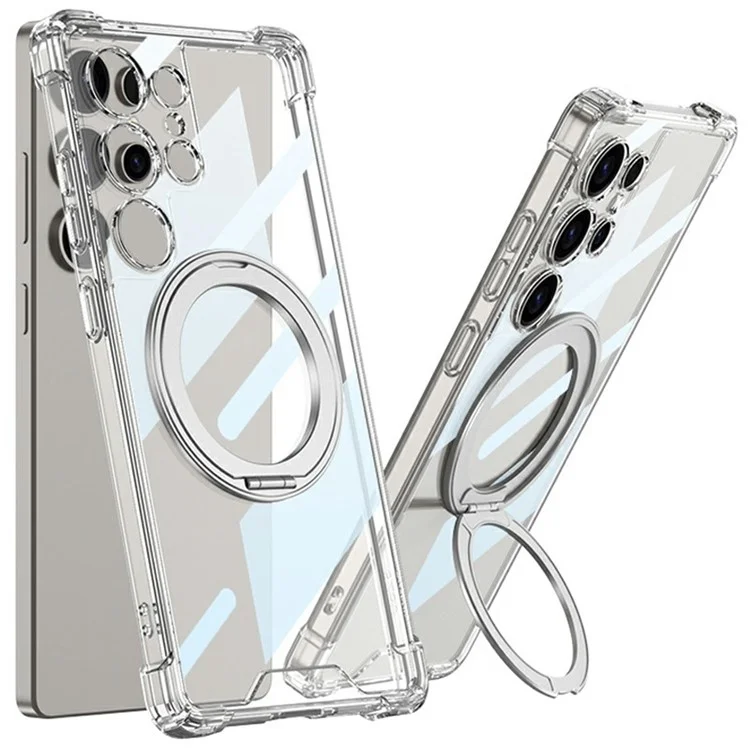 GKK For Samsung Galaxy S25 Ultra Magnetic Case Airbag Shockproof TPU + PC Kickstand Phone Back Cover - Transparent