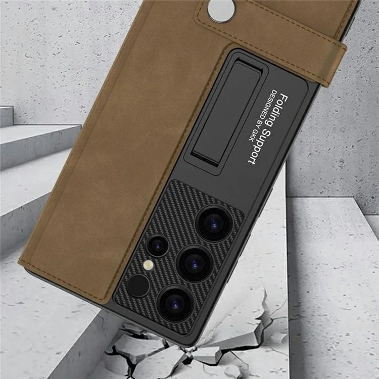 Étui pour Samsung Galaxy S23 Ultra GKK avec porte-cartes, support, revêtement en cuir et fermeture magnétique - Marron