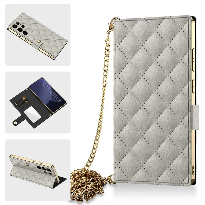 GKK For Samsung Galaxy S25 Ultra Case with Card Holder Mirror Electroplate Leather Flip Cover Rhombus Pattern - Titanium Grey