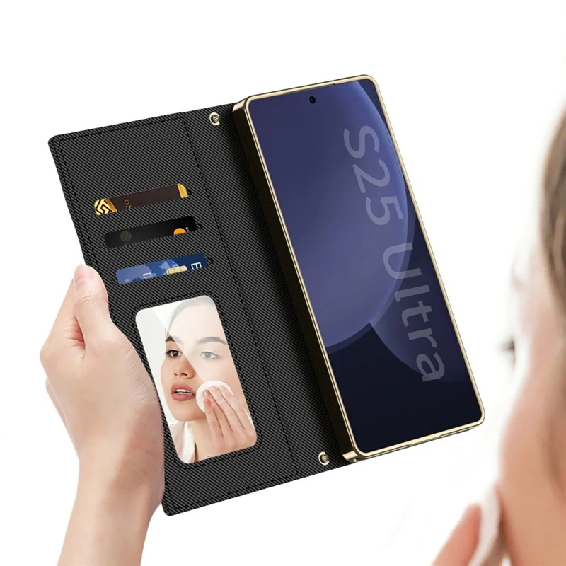 GKK For Samsung Galaxy S25 Ultra Case with Card Holder Mirror Electroplate Leather Flip Cover Rhombus Pattern - Titanium Grey