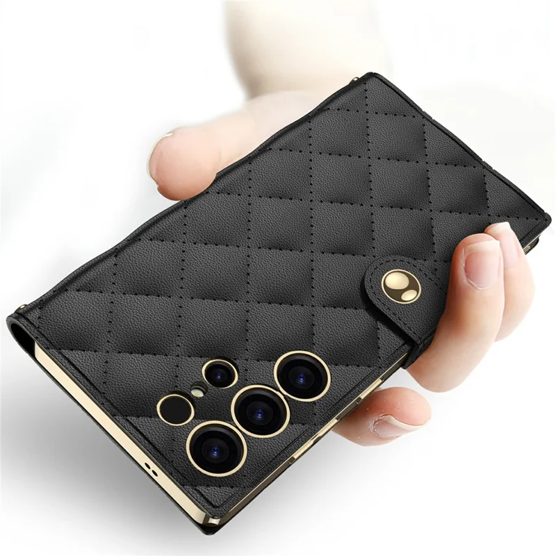 GKK For Samsung Galaxy S25 Ultra Case with Card Holder Mirror Electroplate Leather Flip Cover Rhombus Pattern - Titanium Grey