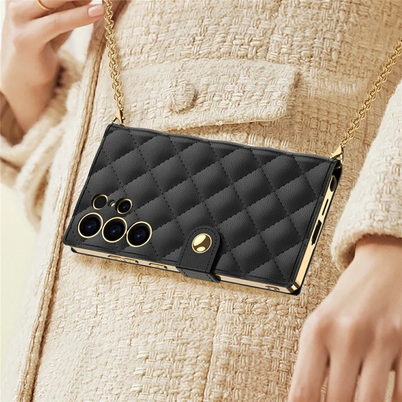 GKK Hülle für Samsung Galaxy S24 Ultra mit Kartenfach, Spiegel, Elektroplattierung, Leder-Flip-Cover, Rautenmuster - Schwarz