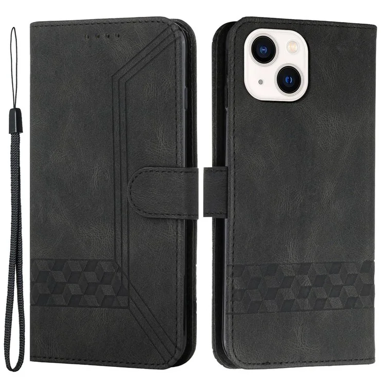 For iPhone 14 Phone Case with Strap Imprint PU Leather Wallet Stand Cover - Black