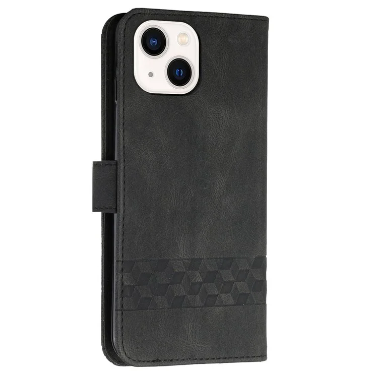 For iPhone 14 Phone Case with Strap Imprint PU Leather Wallet Stand Cover - Black