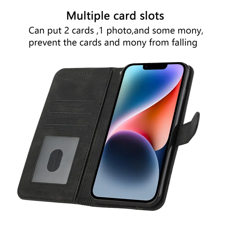 For iPhone 14 Phone Case with Strap Imprint PU Leather Wallet Stand Cover - Black