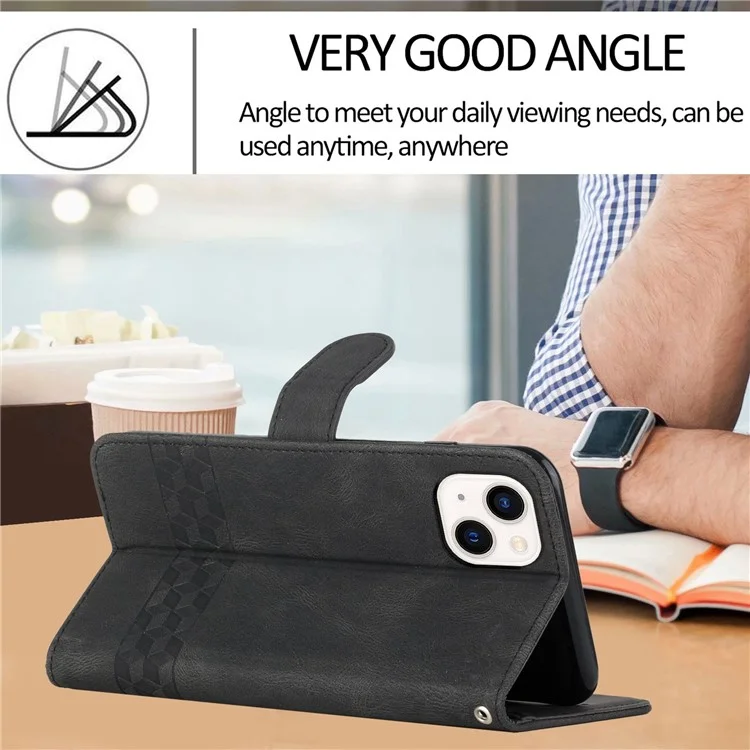 For iPhone 14 Phone Case with Strap Imprint PU Leather Wallet Stand Cover - Black