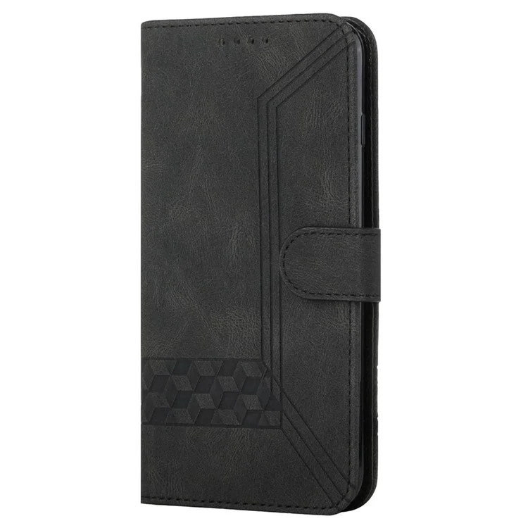 For iPhone 14 Phone Case with Strap Imprint PU Leather Wallet Stand Cover - Black