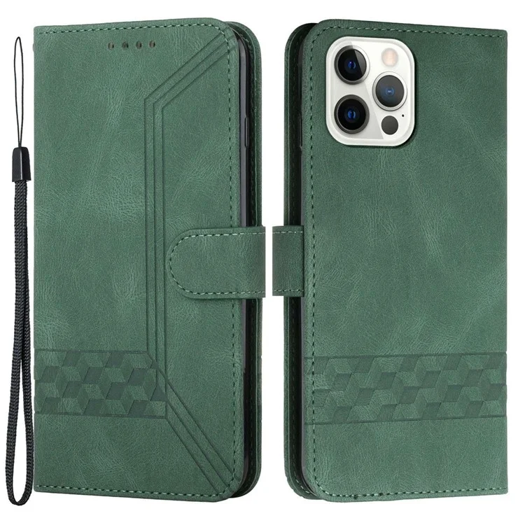 For iPhone 14 Pro Phone Case with Strap Imprint PU Leather Wallet Stand Cover - Green