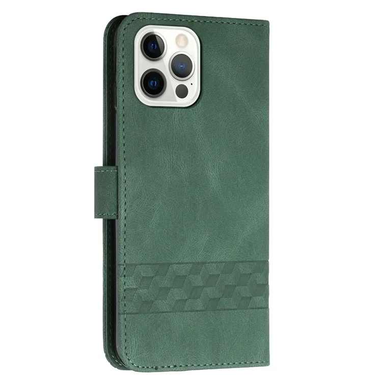 For iPhone 14 Pro Phone Case with Strap Imprint PU Leather Wallet Stand Cover - Green
