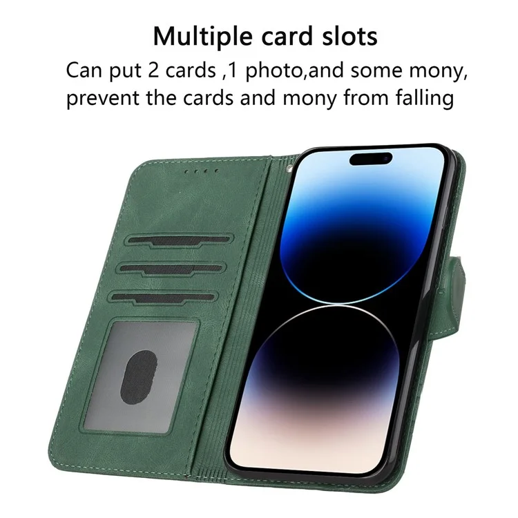 For iPhone 14 Pro Phone Case with Strap Imprint PU Leather Wallet Stand Cover - Green