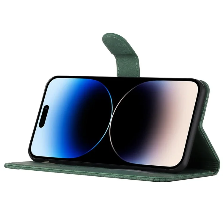 For iPhone 14 Pro Phone Case with Strap Imprint PU Leather Wallet Stand Cover - Green