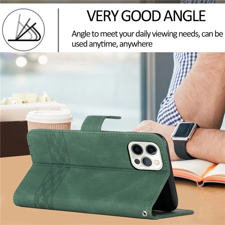 For iPhone 14 Pro Phone Case with Strap Imprint PU Leather Wallet Stand Cover - Green