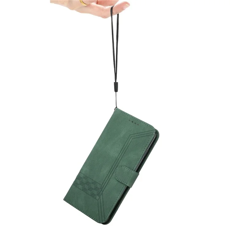 For iPhone 14 Pro Phone Case with Strap Imprint PU Leather Wallet Stand Cover - Green
