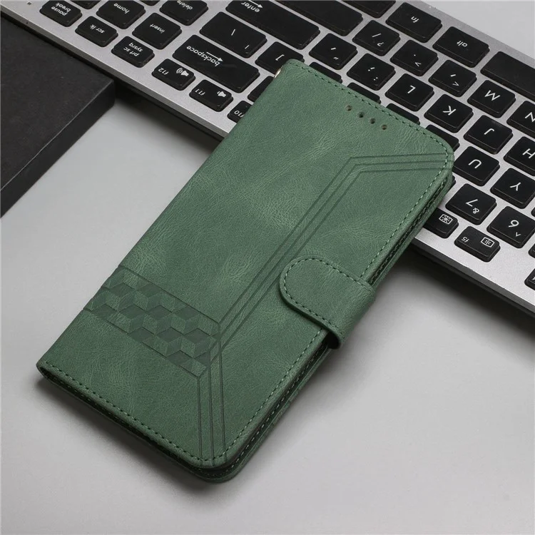 YX0010 Series for iPhone 14 Pro Imprinted Rhombus and Lines Stand Case PU Leather + TPU Phone Wallet Cover with Strap - Green