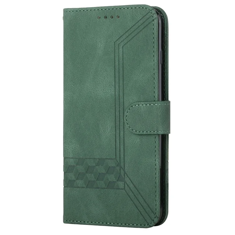 YX0010 Series for iPhone 14 Pro Imprinted Rhombus and Lines Stand Case PU Leather + TPU Phone Wallet Cover with Strap - Green