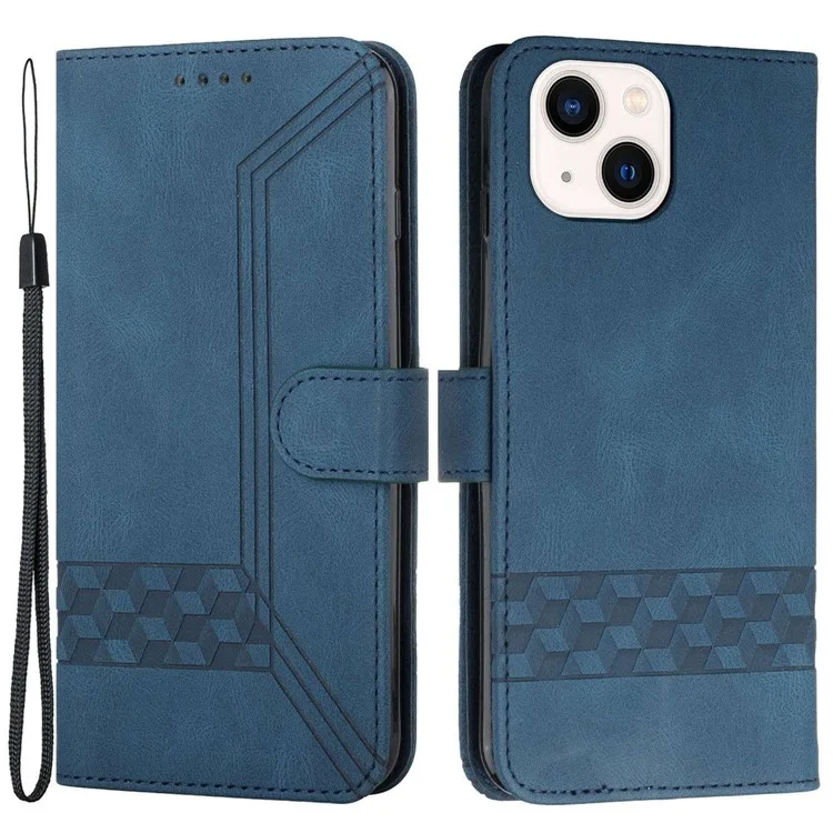For iPhone 14 Plus Phone Case with Strap Imprint PU Leather Wallet Stand Cover - Blue