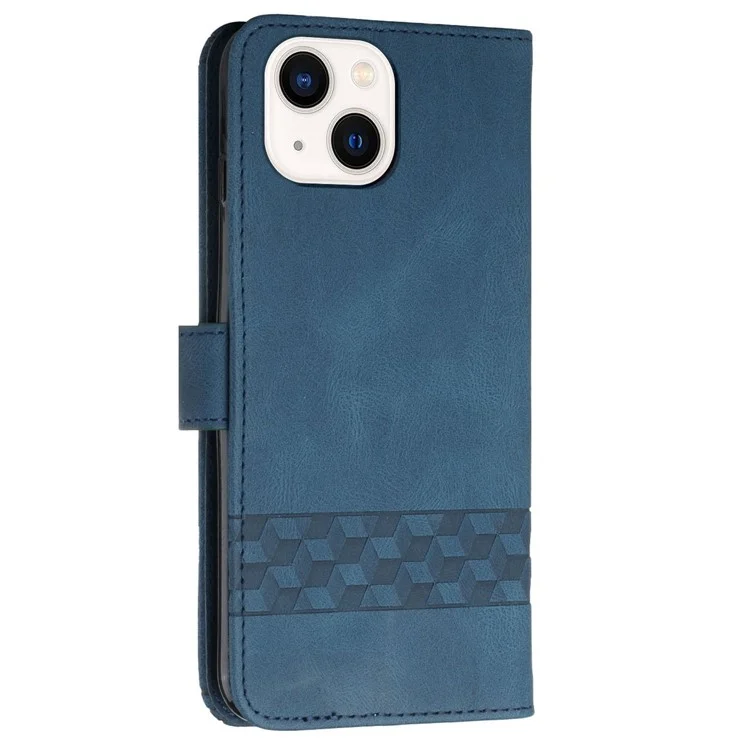 For iPhone 14 Plus Phone Case with Strap Imprint PU Leather Wallet Stand Cover - Blue