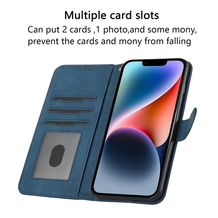 For iPhone 14 Plus Phone Case with Strap Imprint PU Leather Wallet Stand Cover - Blue