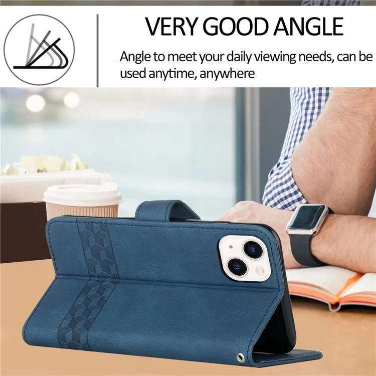 For iPhone 14 Plus Phone Case with Strap Imprint PU Leather Wallet Stand Cover - Blue