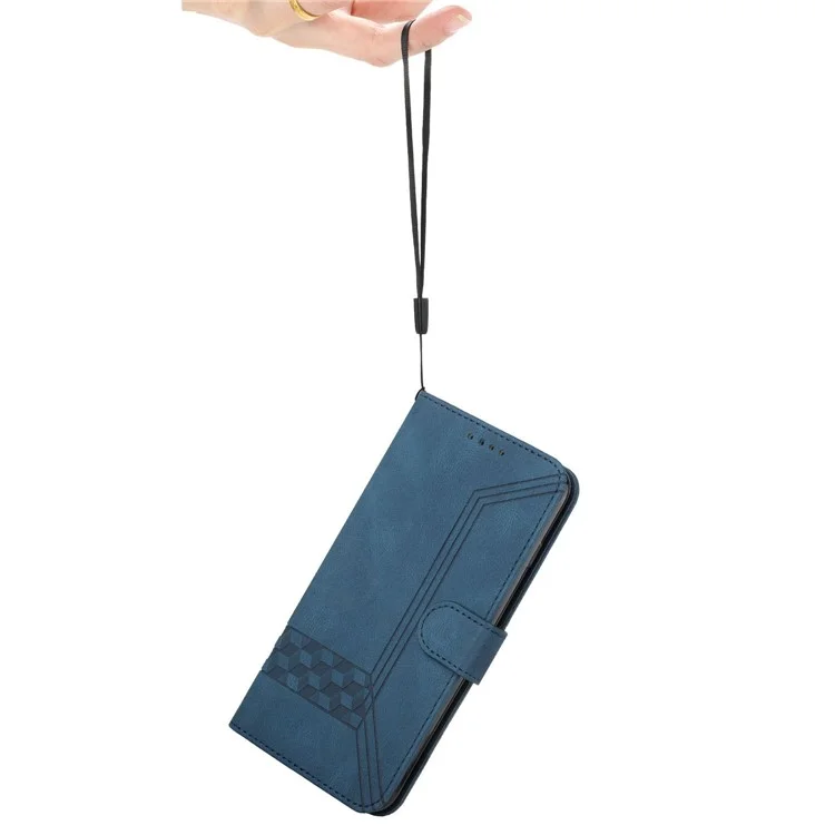 For iPhone 14 Plus Phone Case with Strap Imprint PU Leather Wallet Stand Cover - Blue
