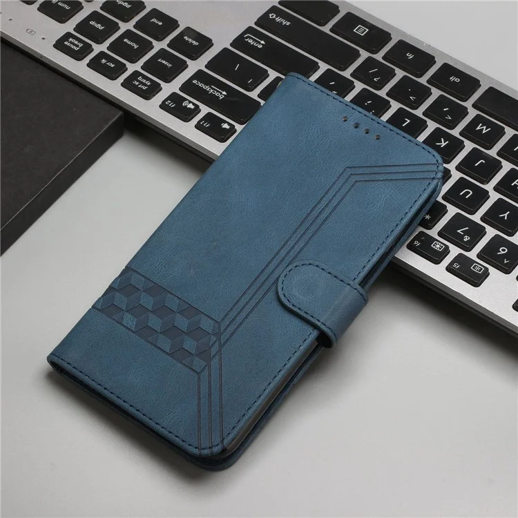 For iPhone 14 Plus Phone Case with Strap Imprint PU Leather Wallet Stand Cover - Blue