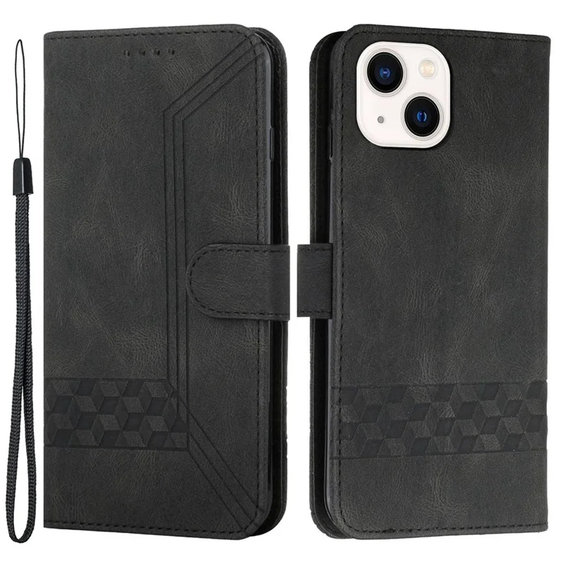 For iPhone 14 Plus Phone Case with Strap Imprint PU Leather Wallet Stand Cover - Black