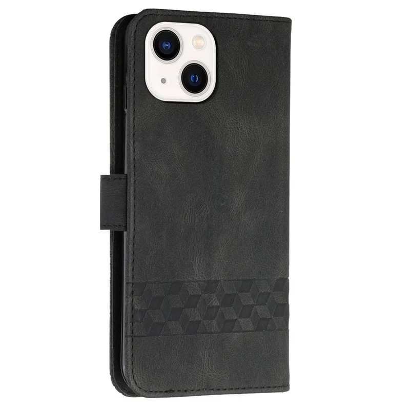 For iPhone 14 Plus Phone Case with Strap Imprint PU Leather Wallet Stand Cover - Black
