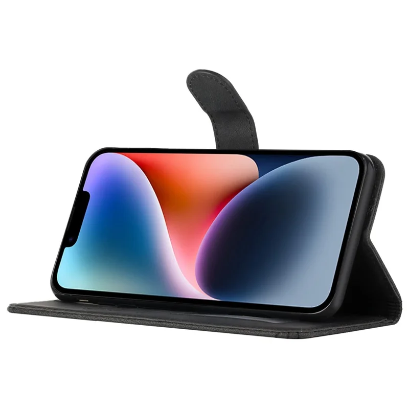 For iPhone 14 Plus Phone Case with Strap Imprint PU Leather Wallet Stand Cover - Black